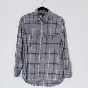 Banana Republic Women XS Plaid Shirt Cotton Button Down Long Sleeves Grey Orange